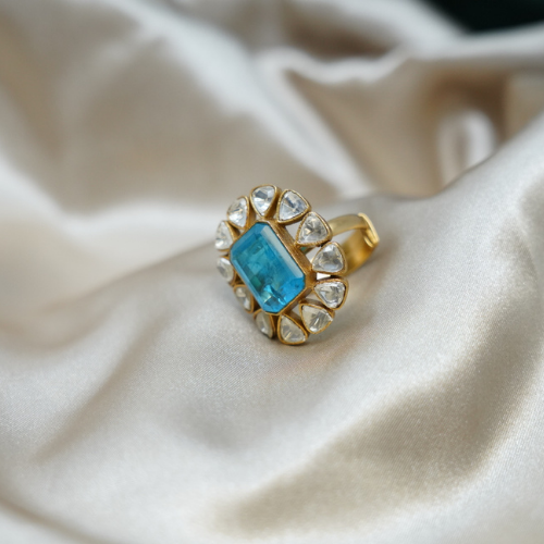 Sky Blue Kundan Stacking Gold Polished Ring