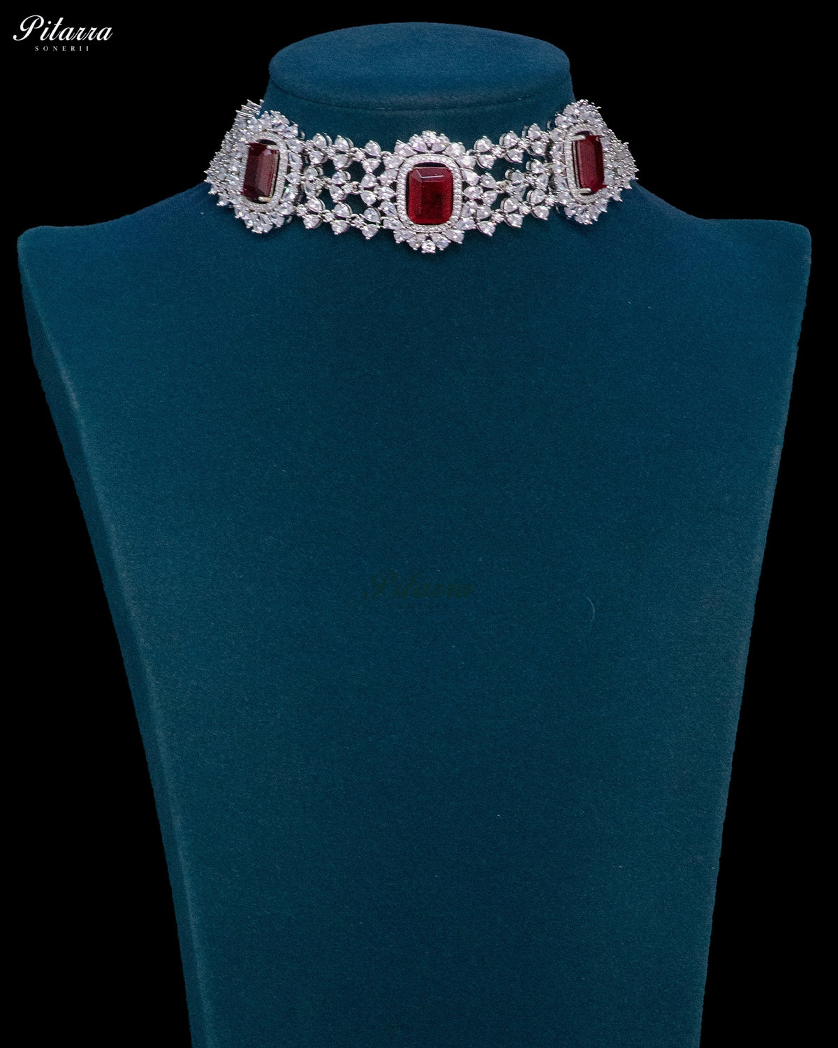 Ruby Red Stone Rectangular Zircon Silver Crystal Choker Necklace Set