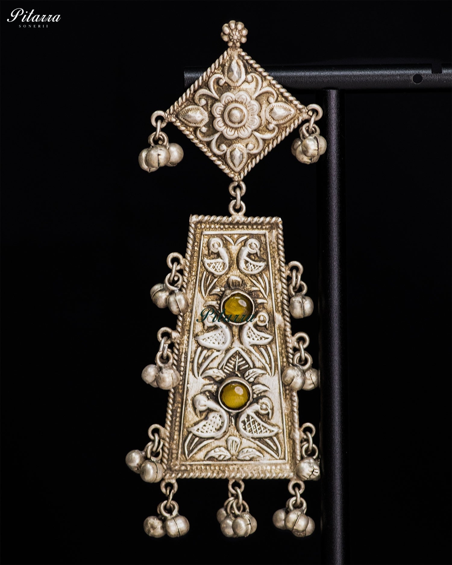 Mustard Stone Silver Look-Alike Floral Heritage Statement Earrings