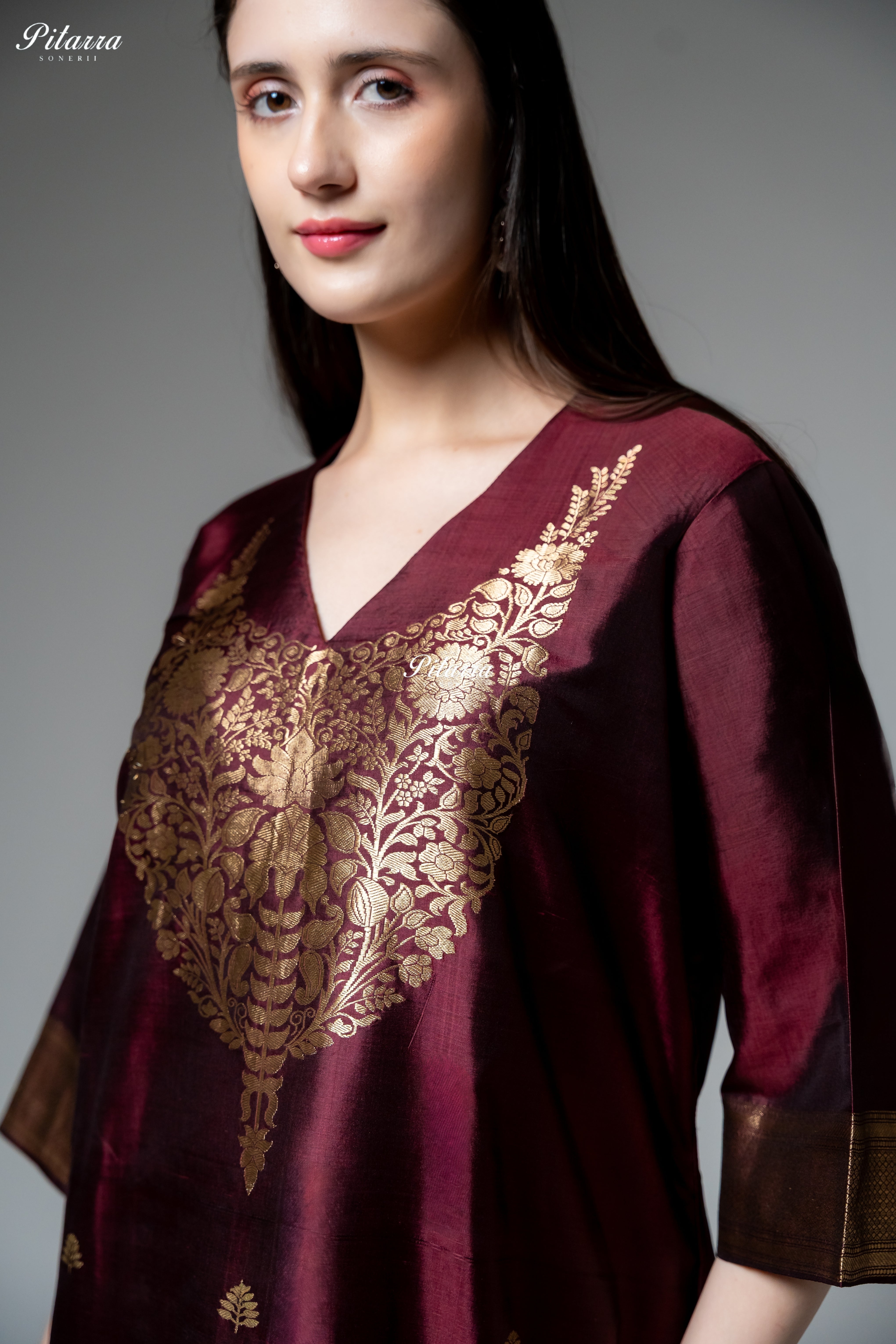 Burgundy Gold Zari Floral Embroidered Kurta Pant Set