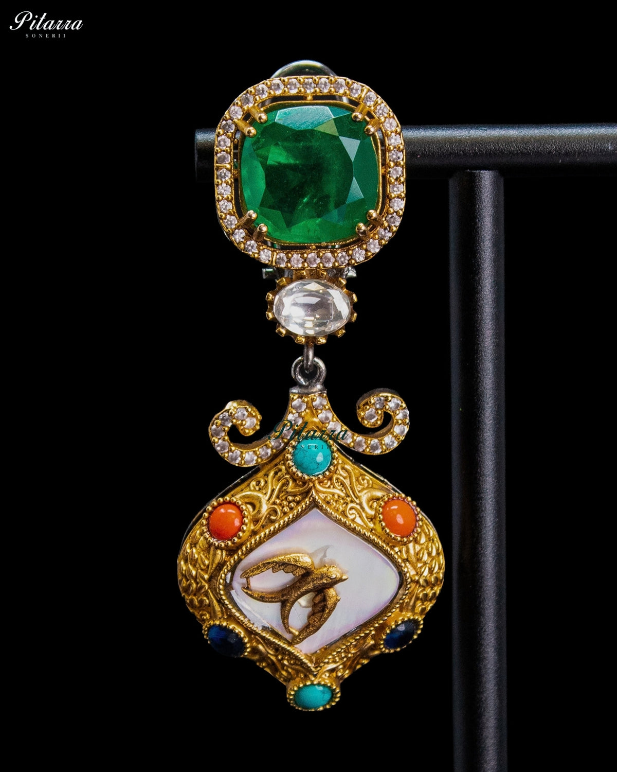 Emerald Green Crystal Kundan Style Gold Tone Traditional Designer Dangler Earrings