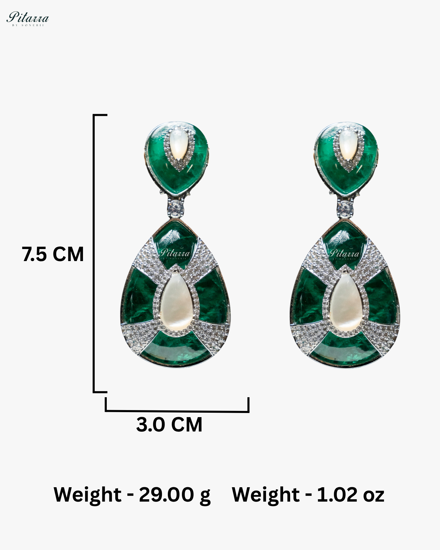 Emerald Stone White Drop Silver Line Crystal Dangler Earrings
