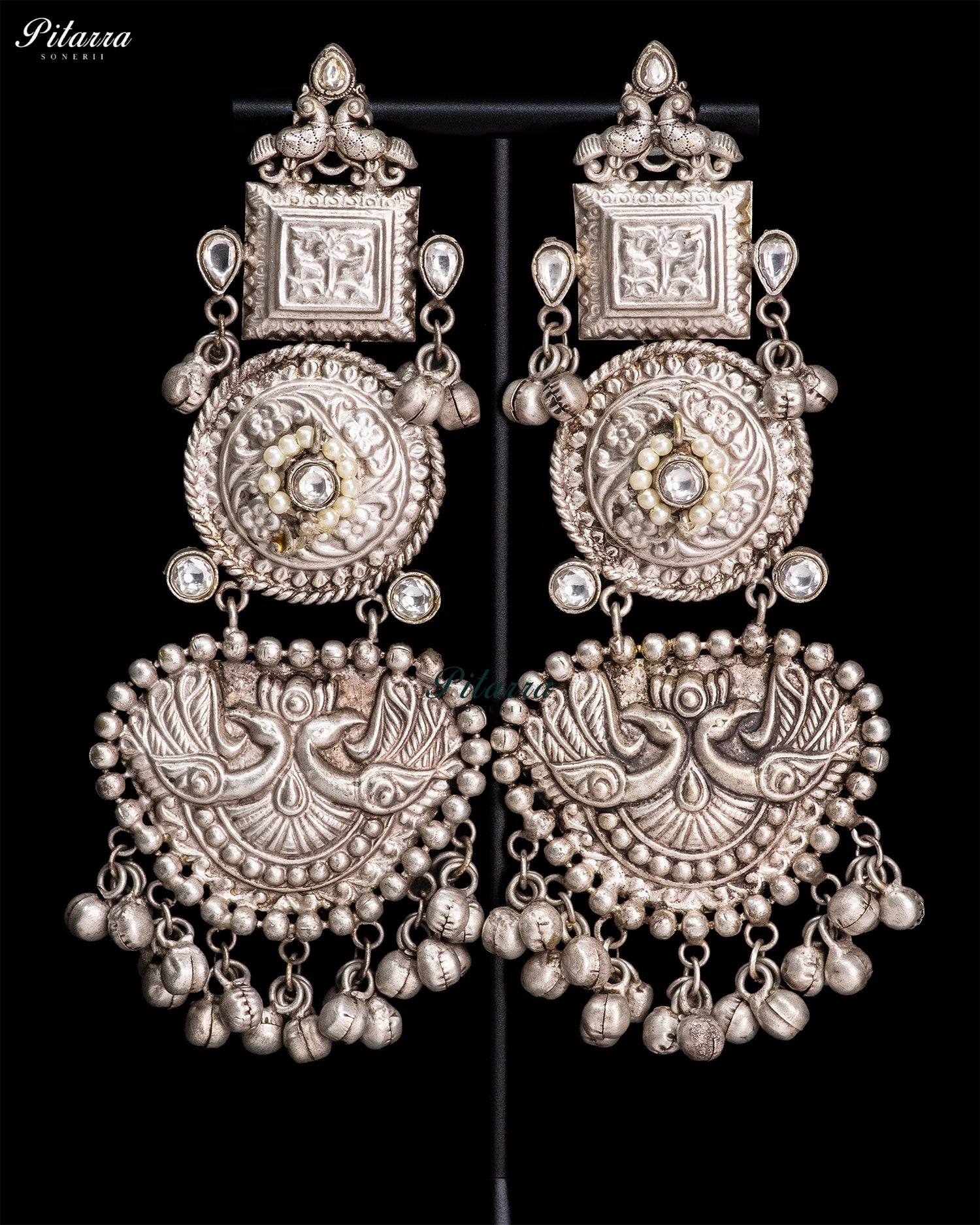 Pearl Peacock Silver Look-Alike Heritage Statement Earrings