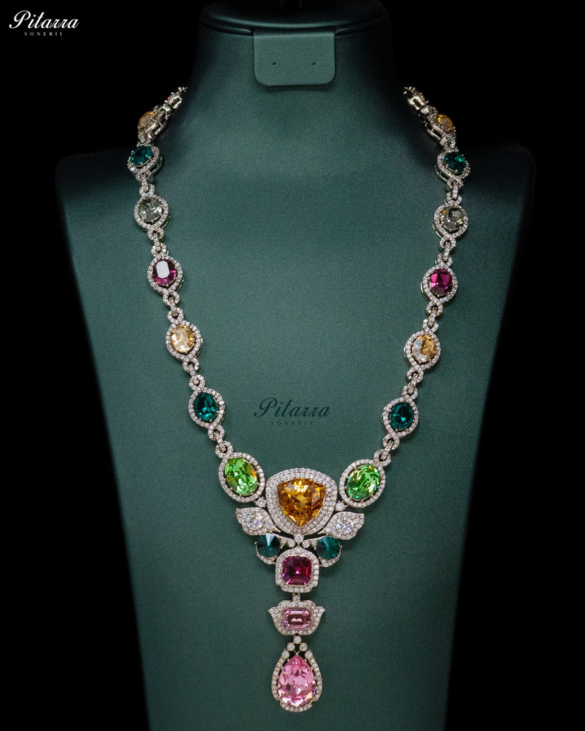Pink Multicolor Crystal Pendant Necklace Set