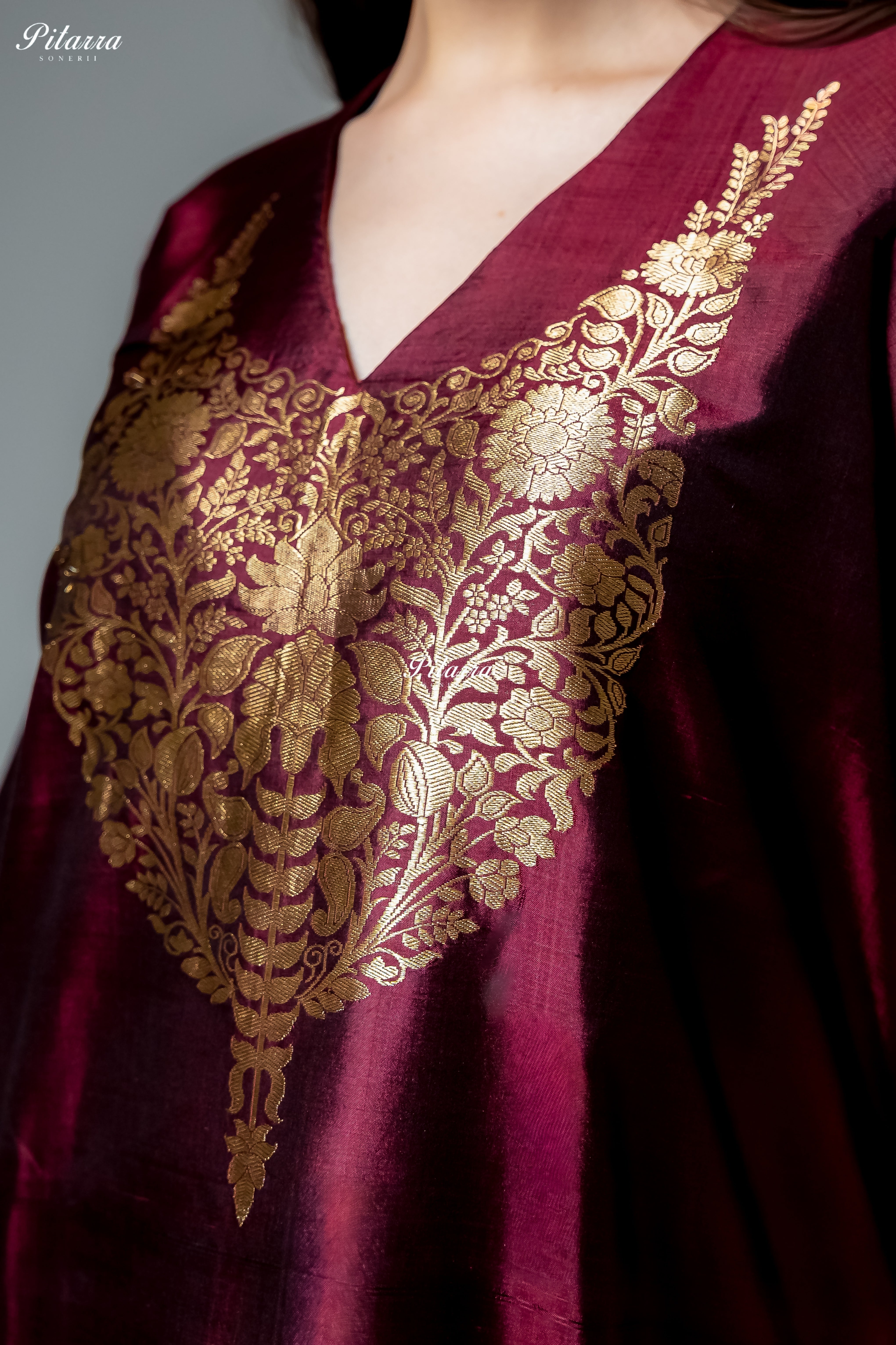 Burgundy Gold Zari Floral Embroidered Kurta Pant Set
