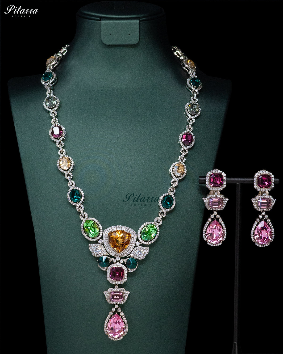 Pink Multicolor Crystal Pendant Necklace Set