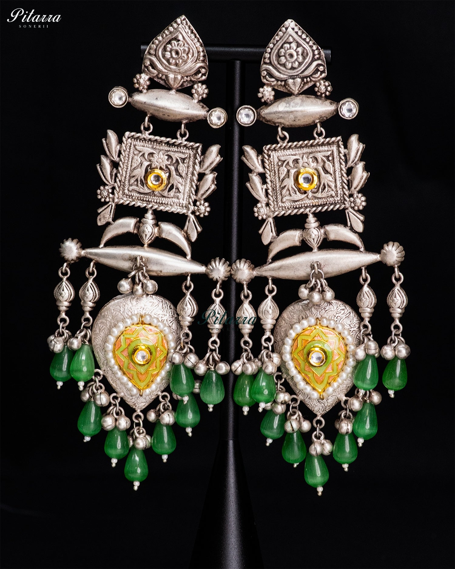 Emerald Droplet Tribal Silver Look-Alike Chandbali Earrings