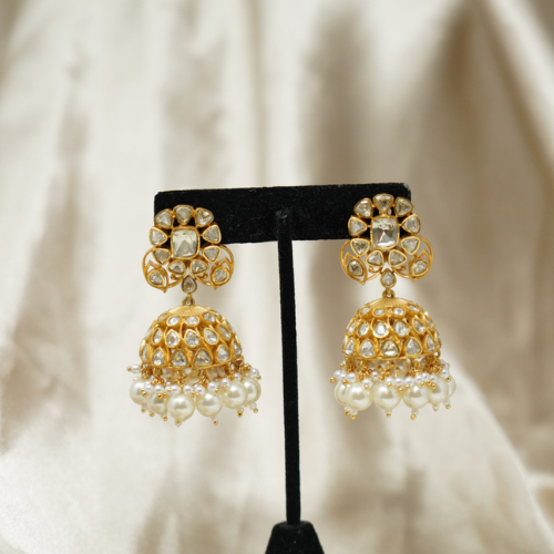 Traditional Gold Polish Jhumka with Pearl Beads