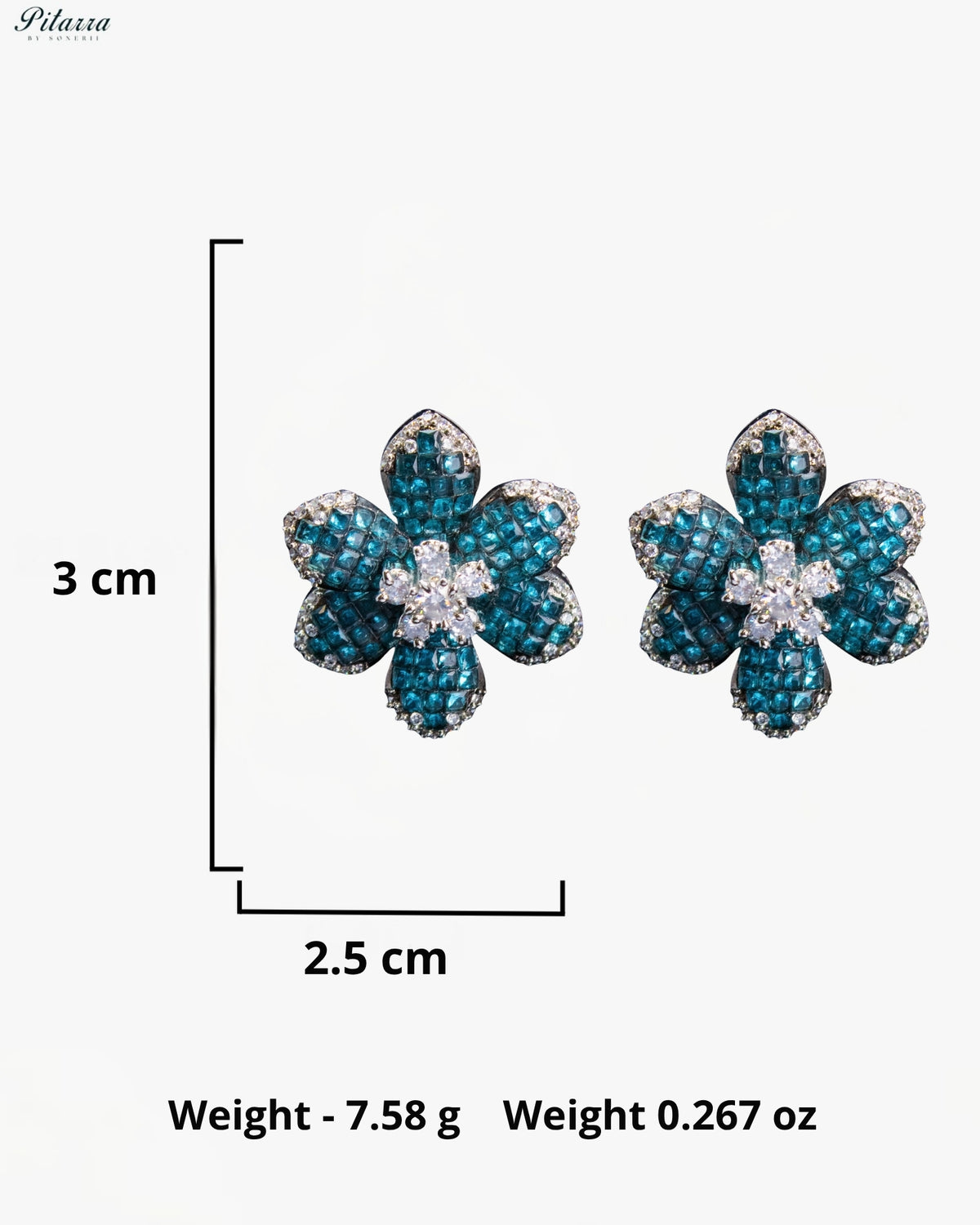 Teal Blue Crystal Flower Stud Earrings