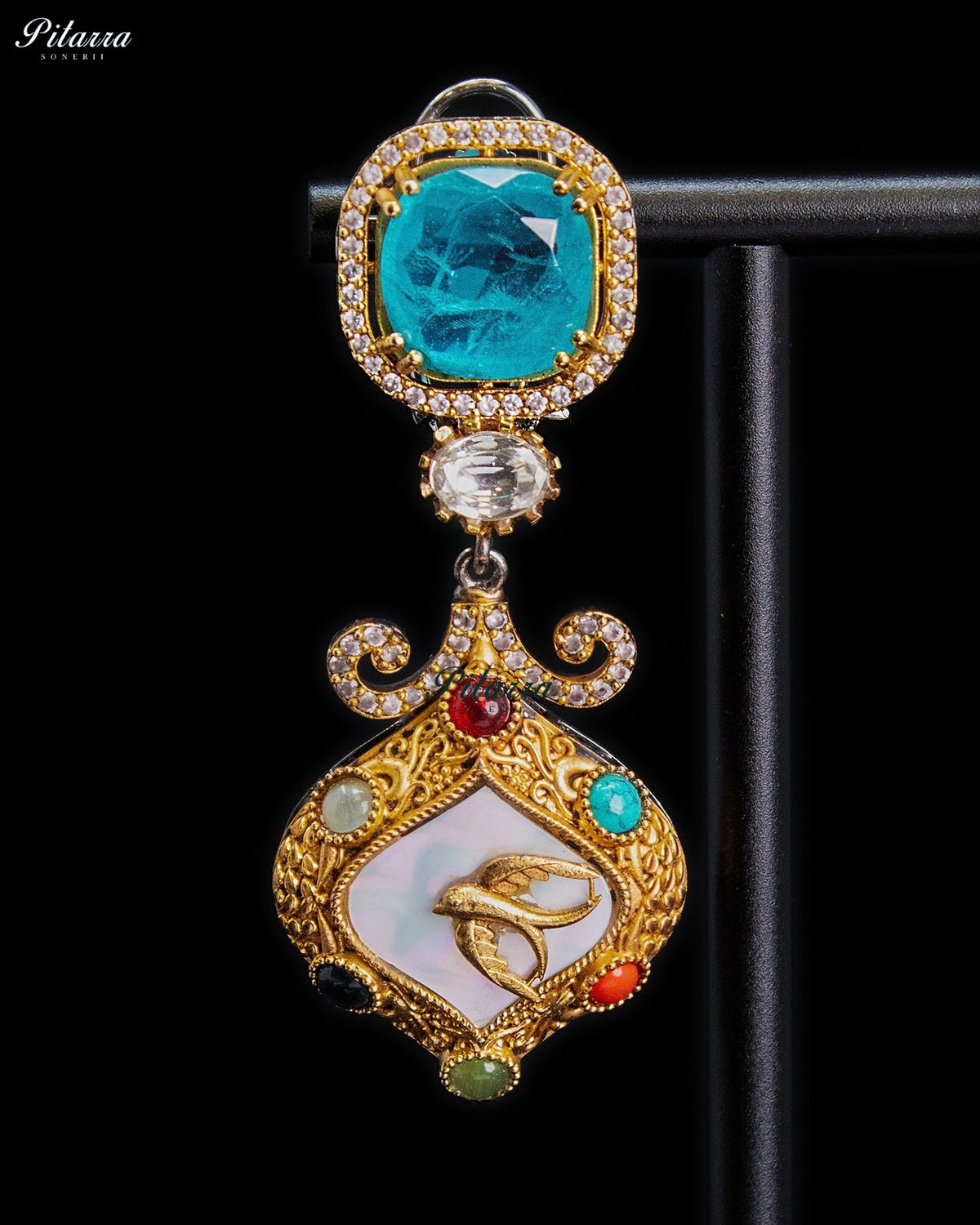 Aqua Blue Crystal Kundan Style Gold Tone Multicolor Traditional Dangler Earrings