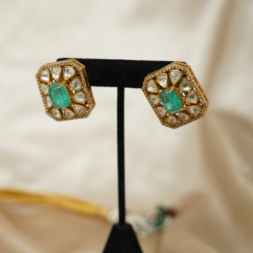 Turquoise Gold-Plated Kundan Studded Earrings