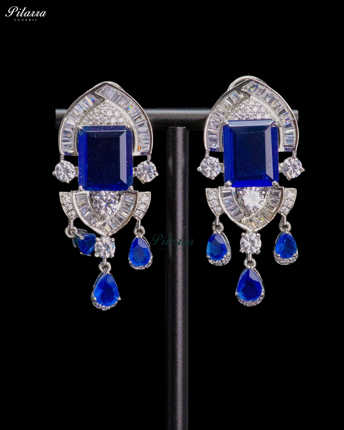 Royal Blue Emerald Cut Stone Zircon Silver Crystal Drop Necklace Set