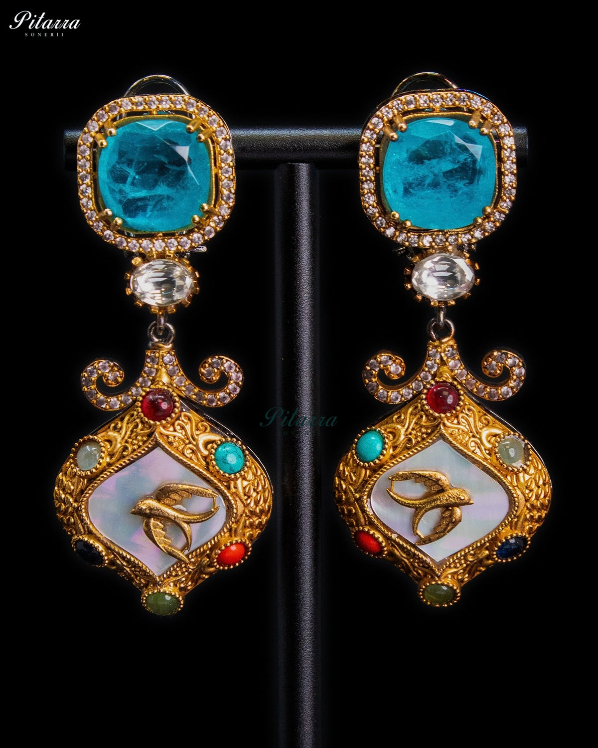 Aqua Blue Crystal Kundan Style Gold Tone Multicolor Traditional Dangler Earrings