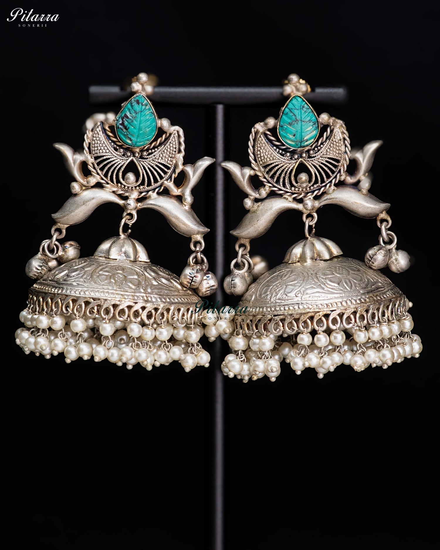 Turquoise Leaf Silver Look-Alike Pearl Jhumka Earrings