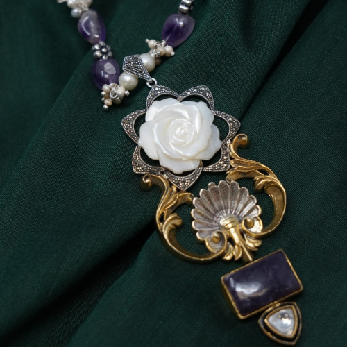 White & Purple Motif Long Necklace