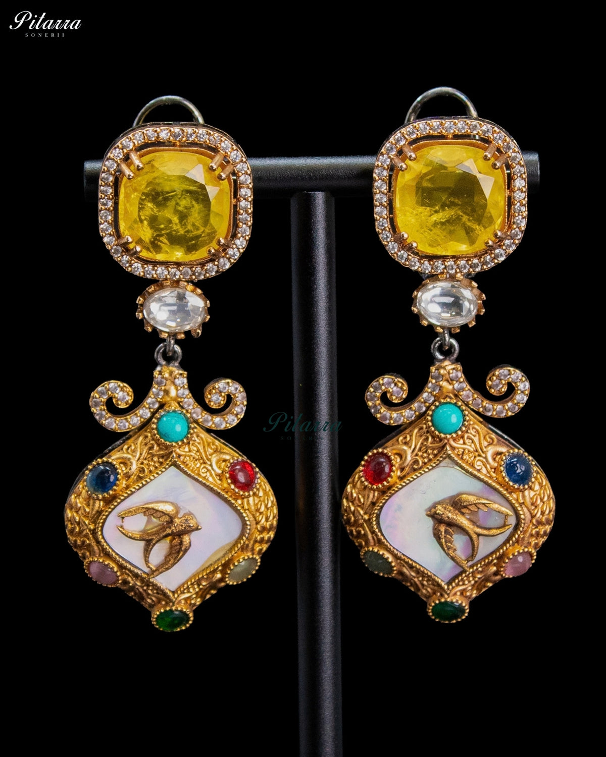 Yellow Crystal Kundan Style Gold Tone Multicolor Traditional Dangler Earrings