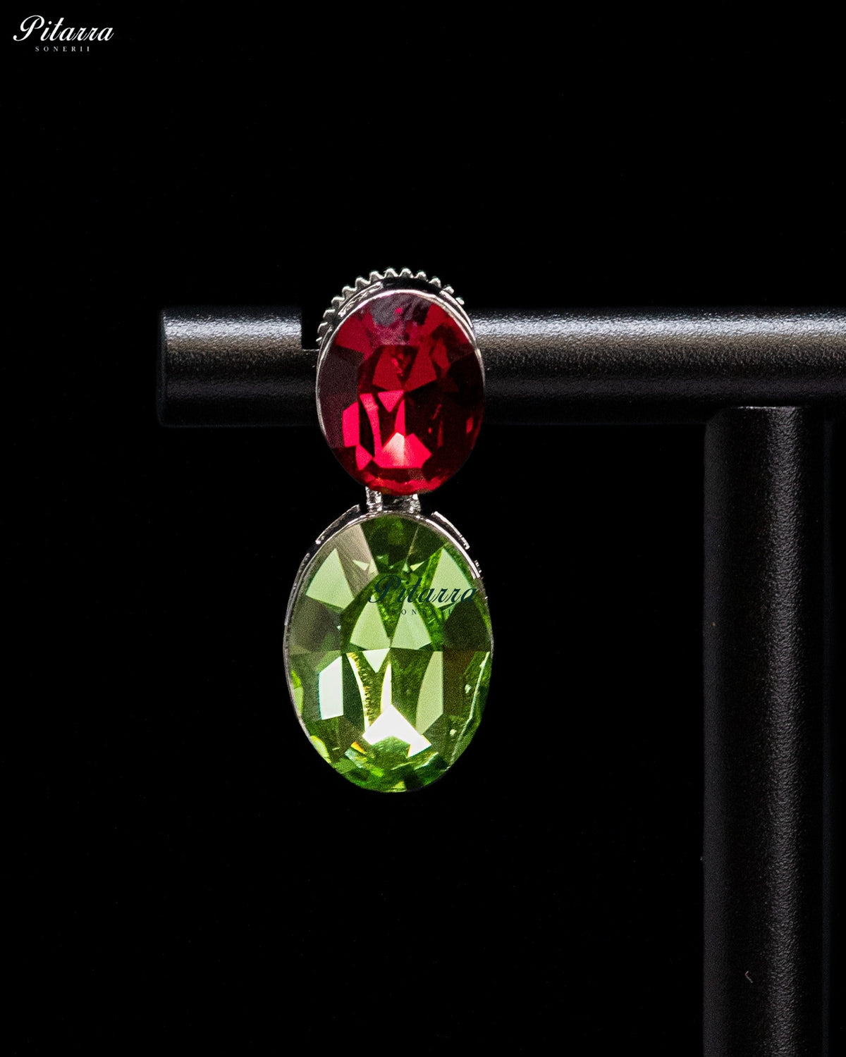 Ruby Red and Green Crystal Oval Drop Earrings