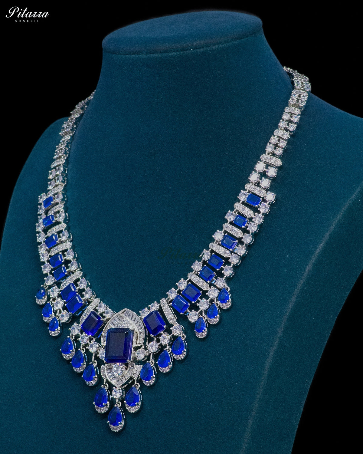 Royal Blue Emerald Cut Stone Zircon Silver Crystal Drop Necklace Set