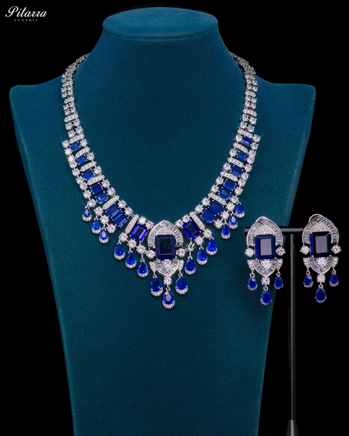 Royal Blue Emerald Cut Stone Zircon Silver Crystal Drop Necklace Set