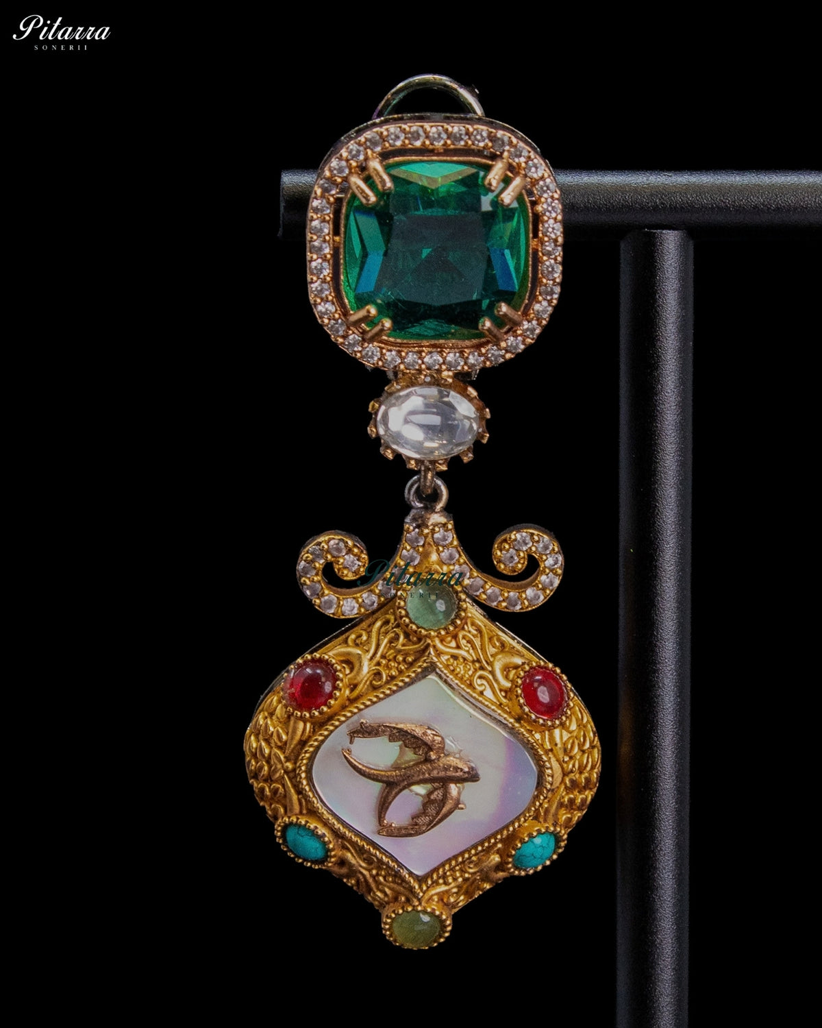Emerald Green Crystal Kundan Style Gold Tone Traditional Dangler Earrings