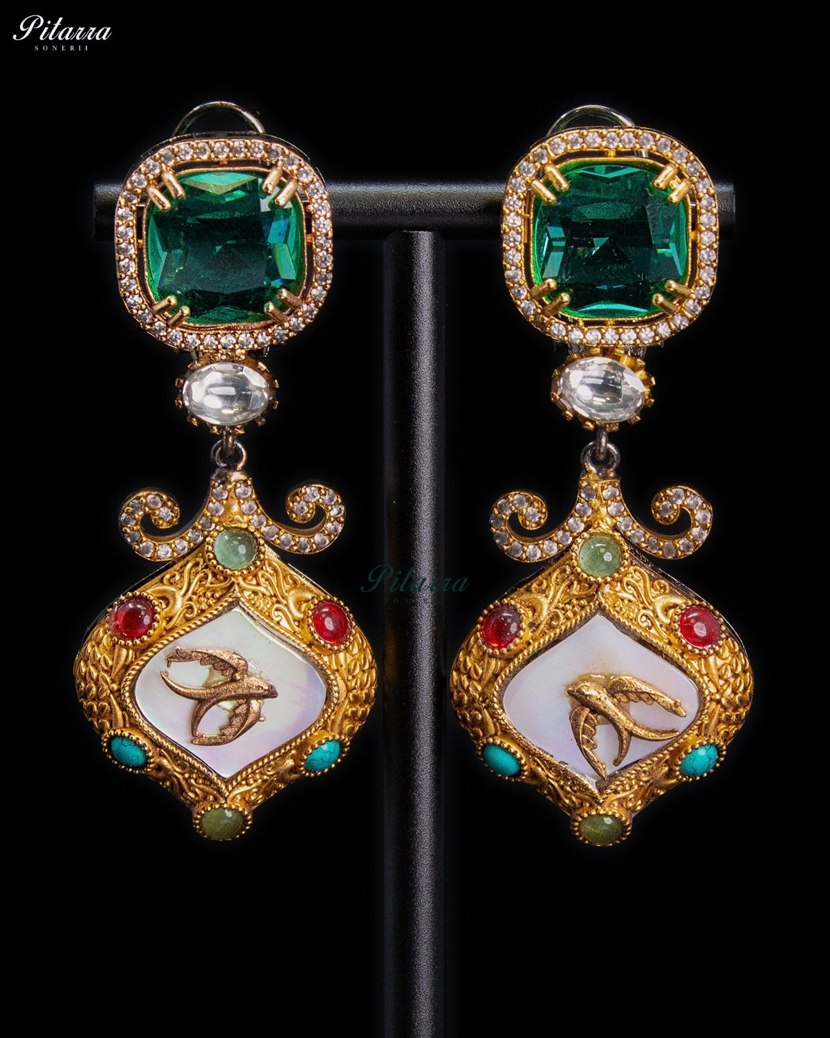 Emerald Green Crystal Kundan Style Gold Tone Traditional Dangler Earrings