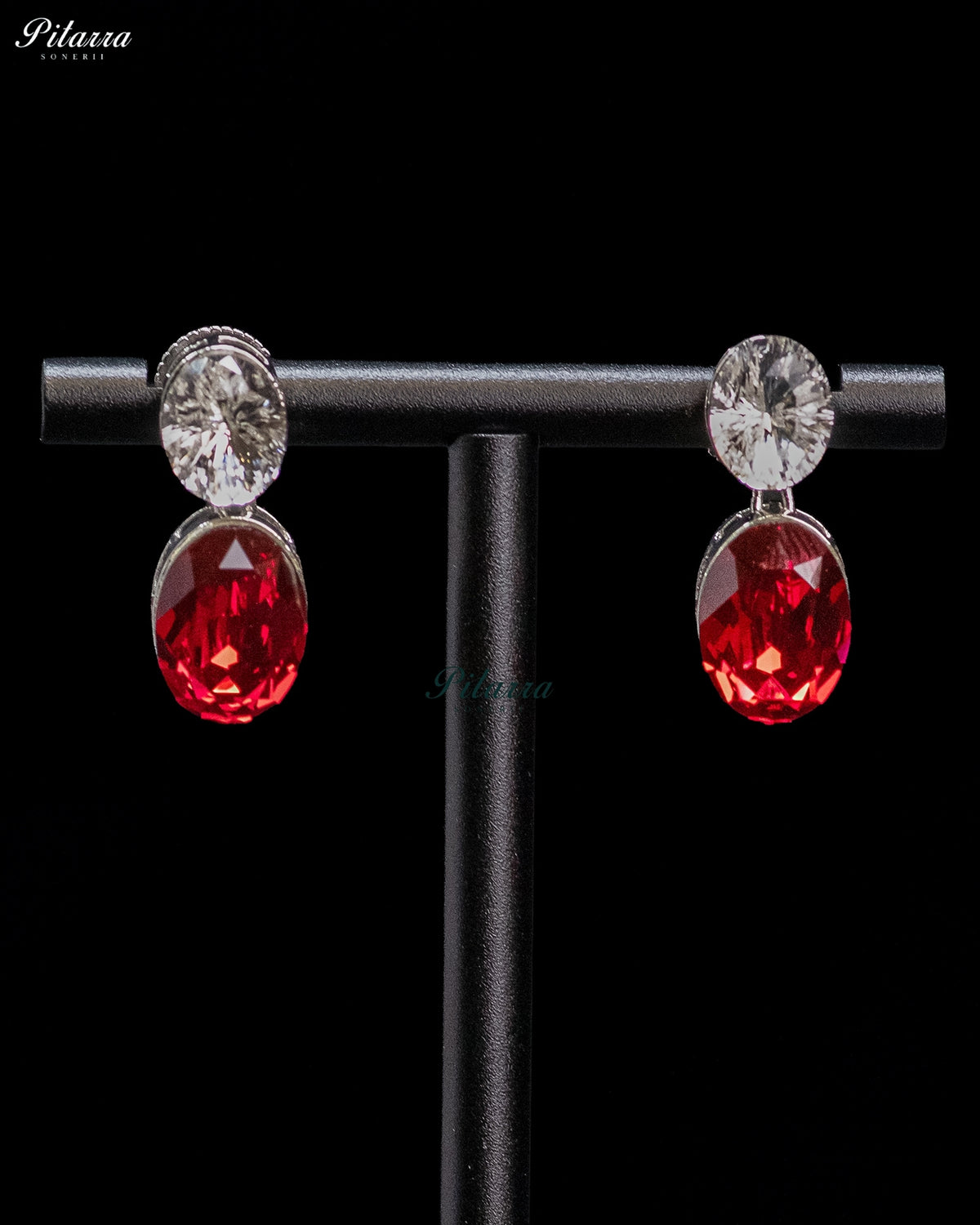 Ruby Red and White Crystal Oval Drop Earrings