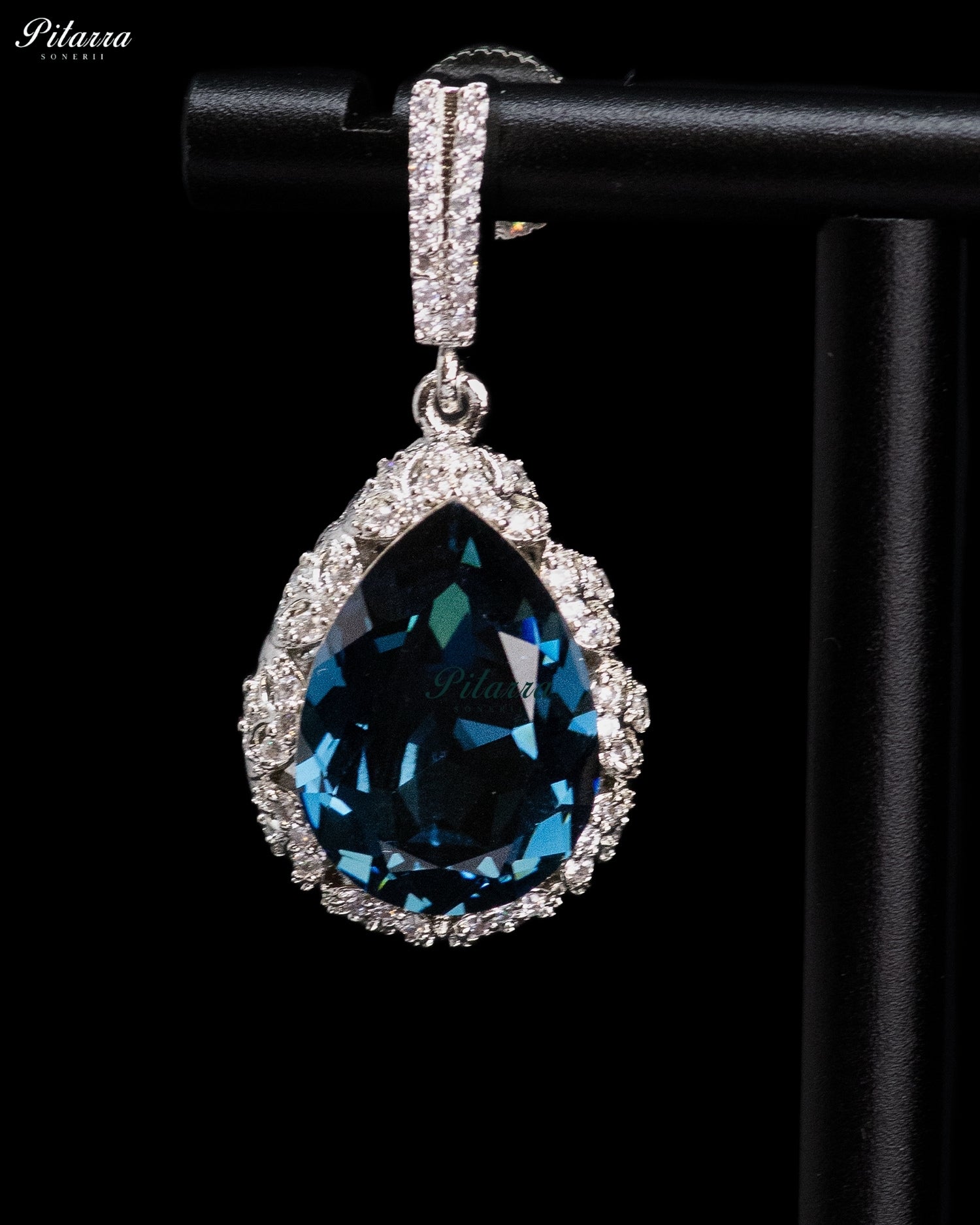 Deep Blue Pear-Cut Crystal Halo Drop Earrings