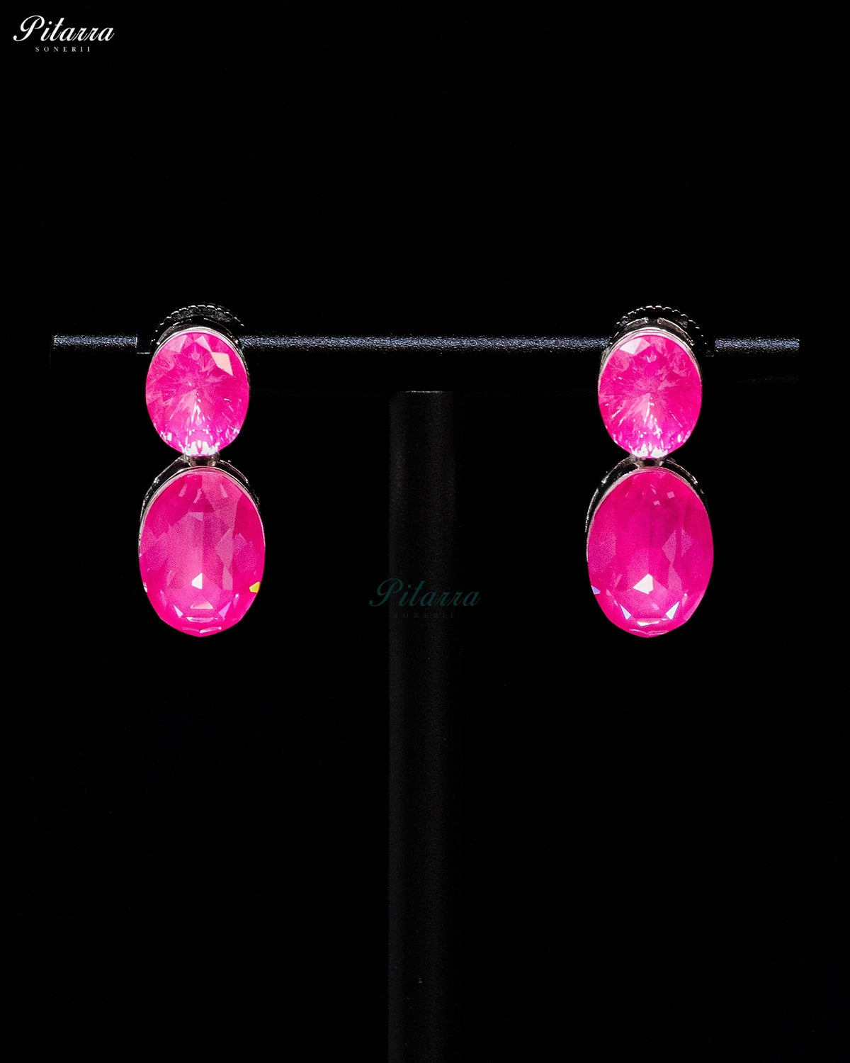 Hot Pink Crystal Double Oval Drop Earrings