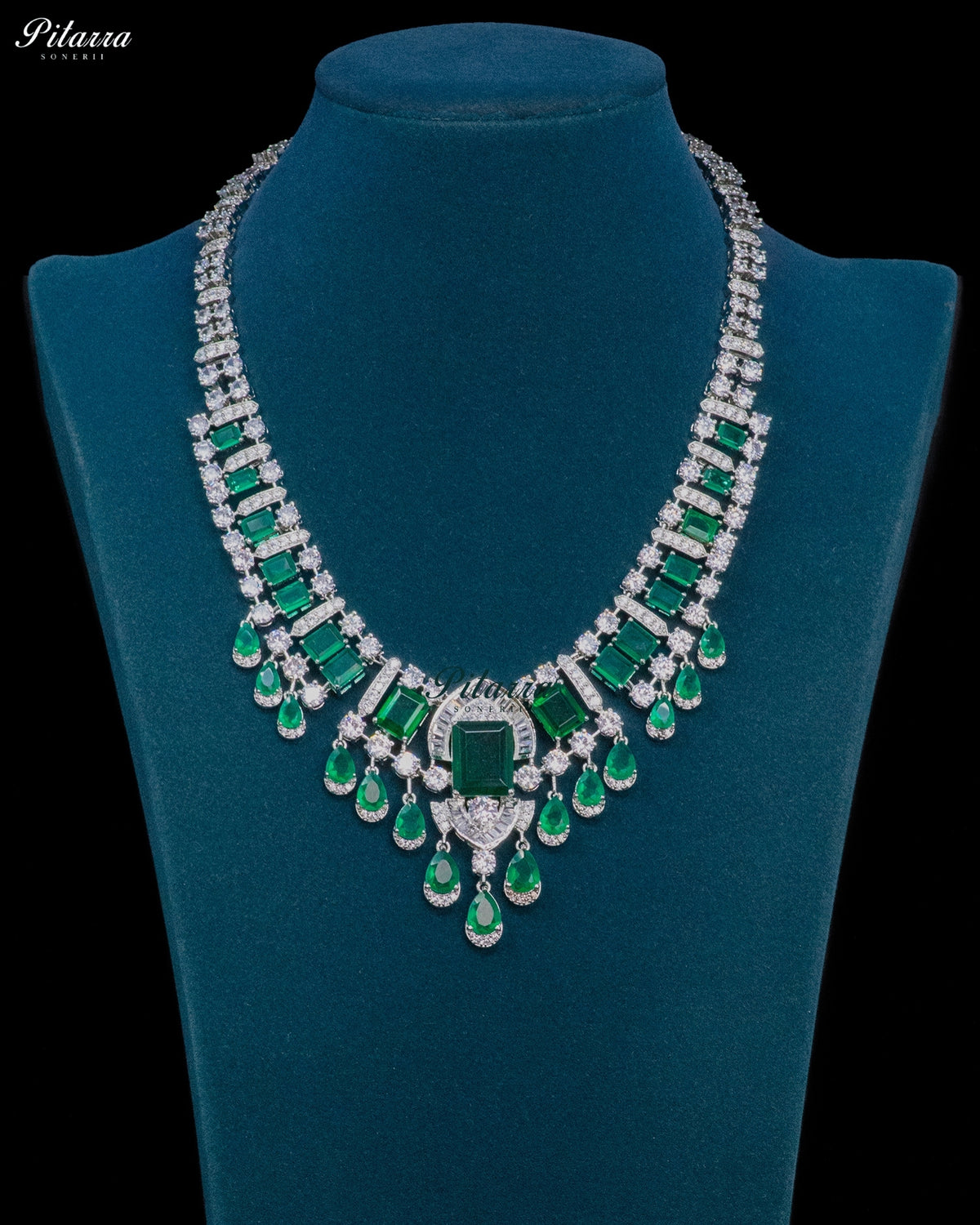 Emerald Green Emerald Cut Stone Zircon Silver Crystal Drop Necklace Set