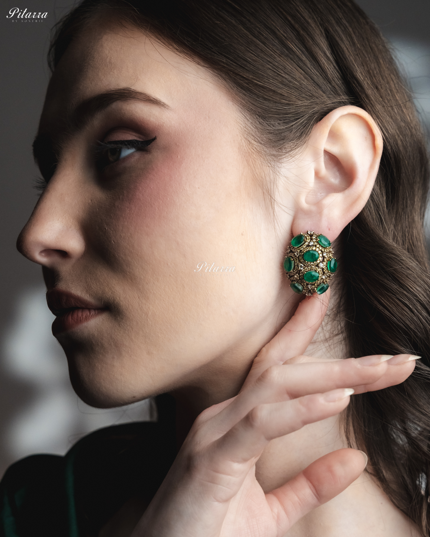 Emerald Stone Golden Crystal Stud Earrings