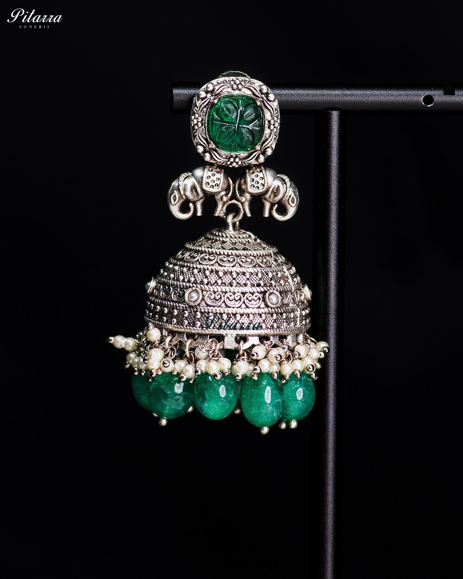 Green Stone Elephant Motif Silver Look-Alike Jhumka Earrings