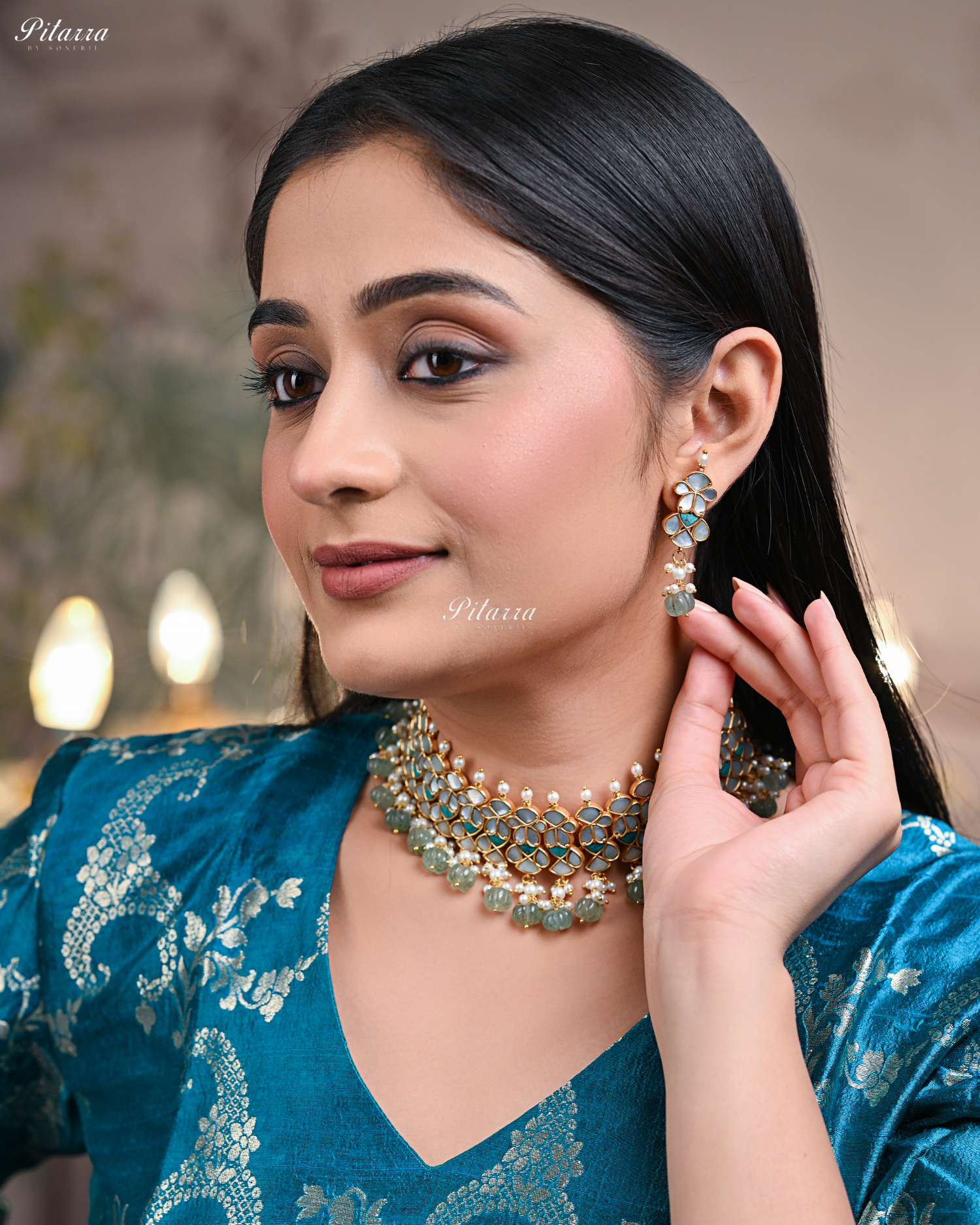 Green Beads Turquoise Blue Line Traditional Kundan Choker Set