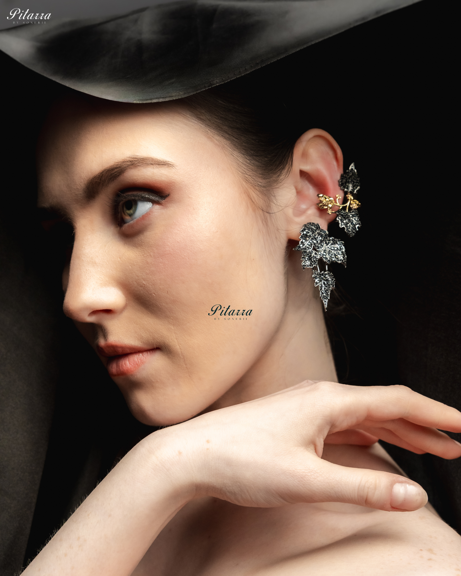 Black Unique Leaf Shaped Crystal Earrings