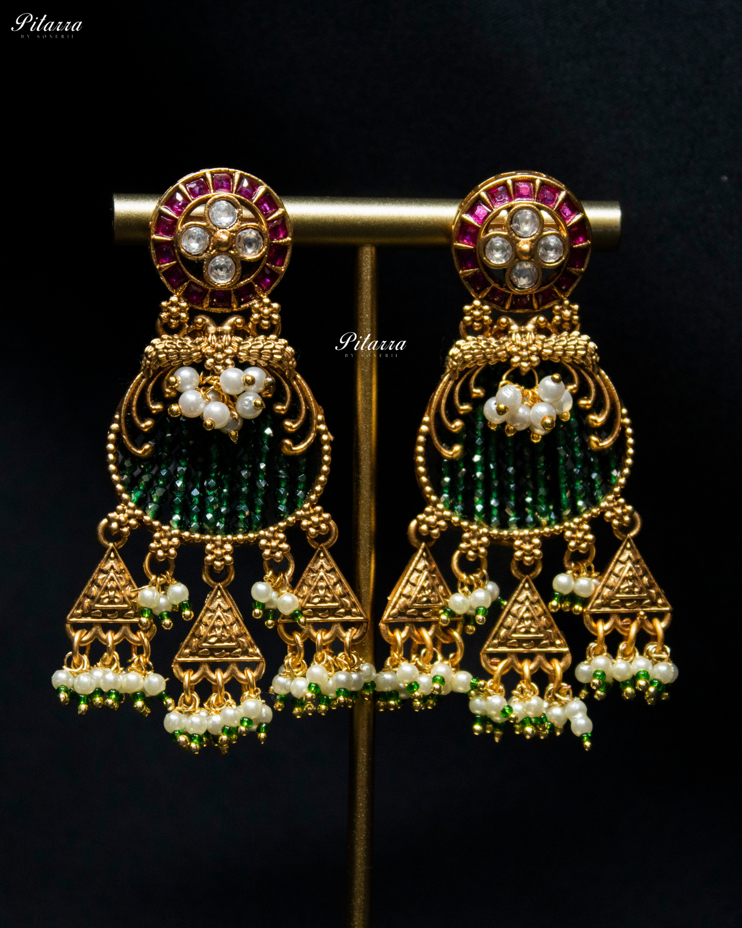 Pink Tone Emerald Detailing Golden Peacock Kundan Necklace Set