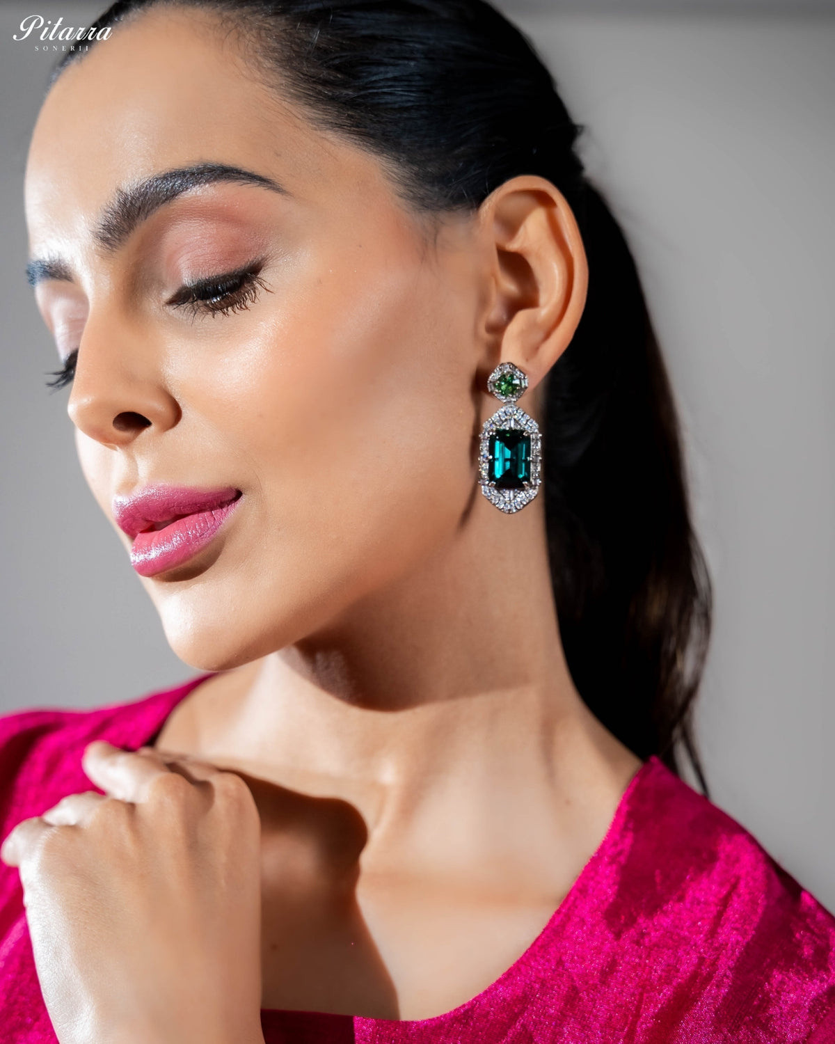 Teal Green Emerald Cut Diamond Halo Statement Drop Earrings