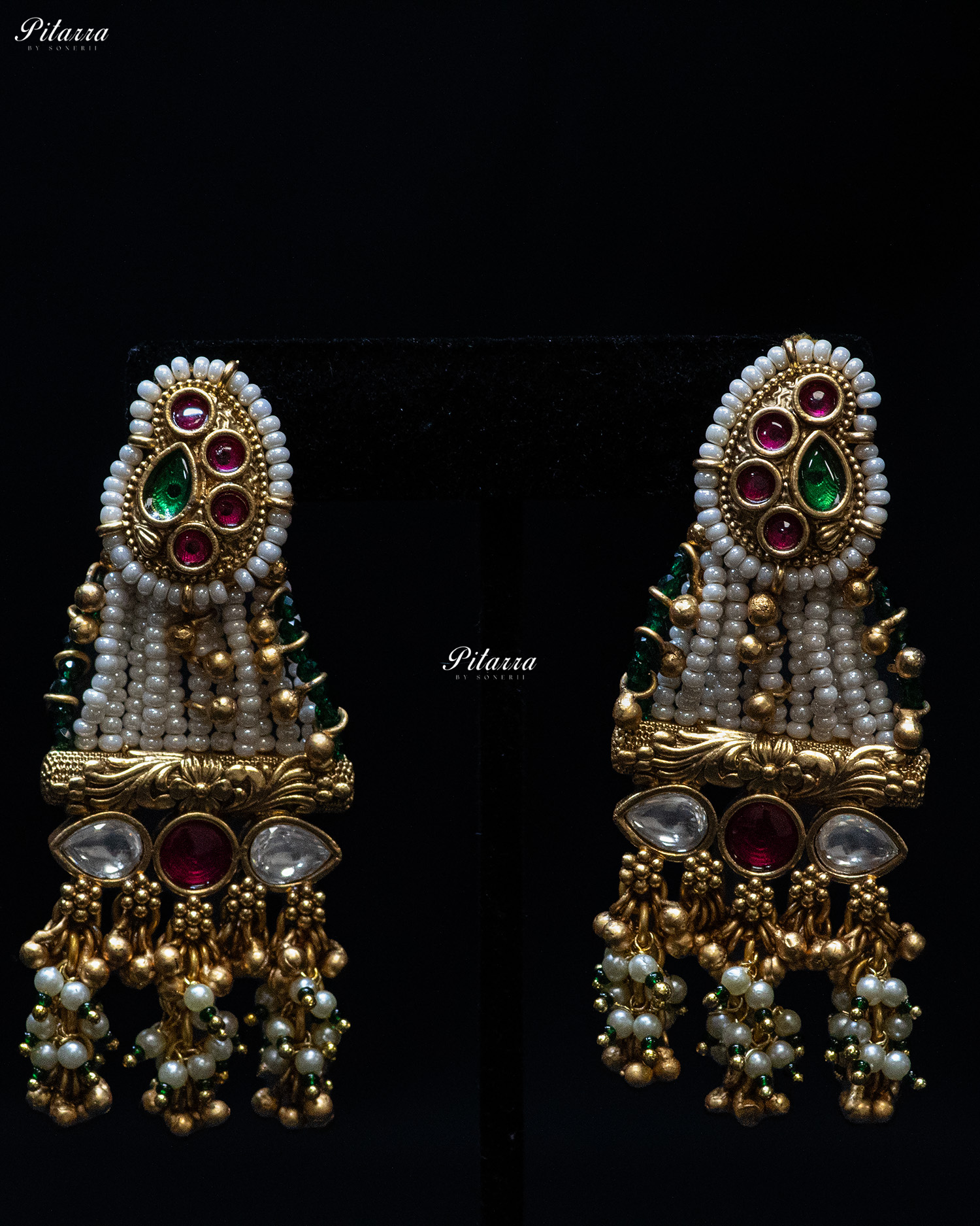 Golden Dual Stone Multi Strand Long Kundan Necklace Set