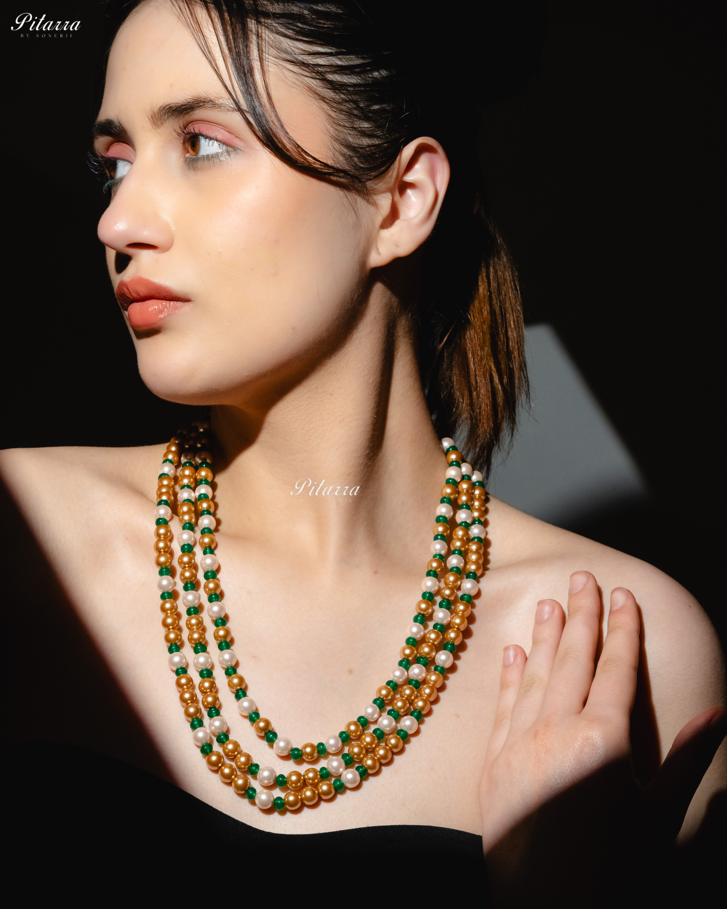 Three Layer Multi Color Pearl Studed Necklace