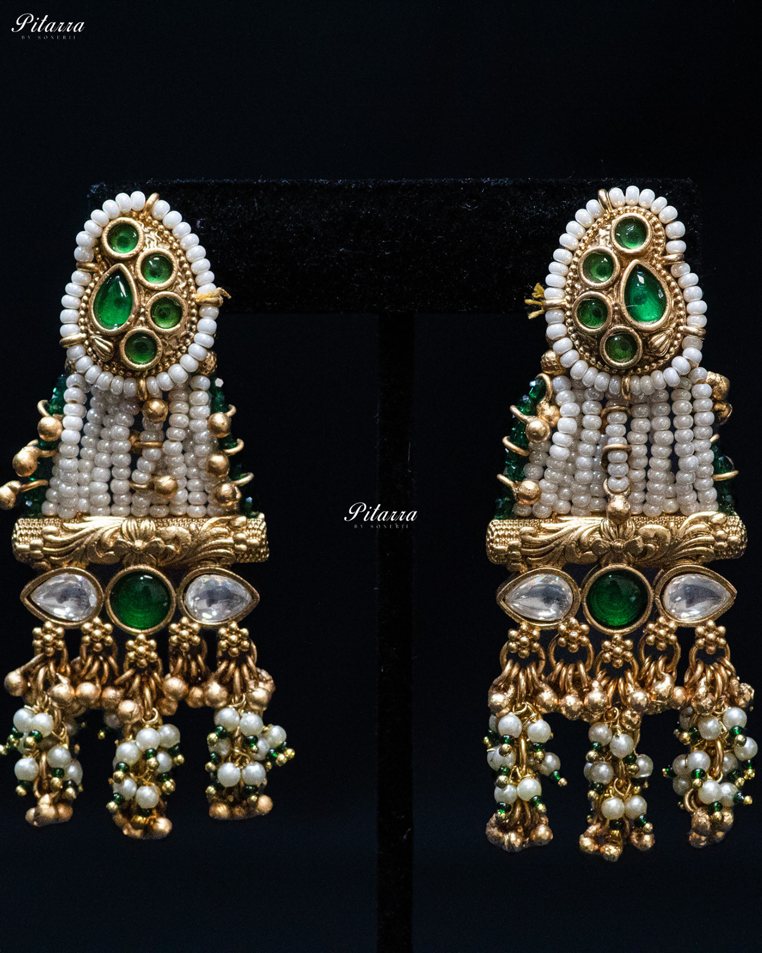 Golden Green Stone Multi Strand Long Kundan Necklace Set