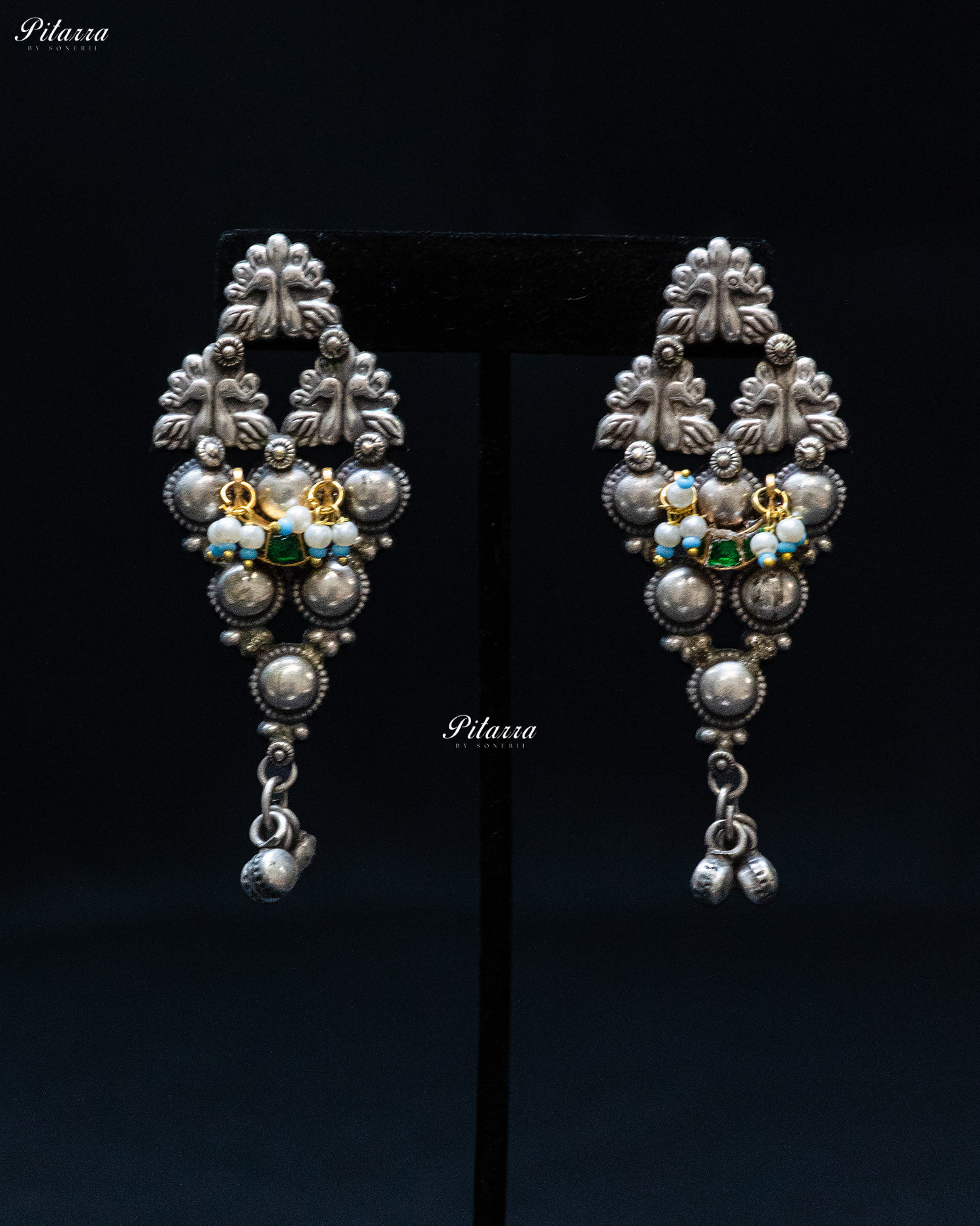 Green Flora White Sword Ghunghroo Silver Look Alike Choker Set