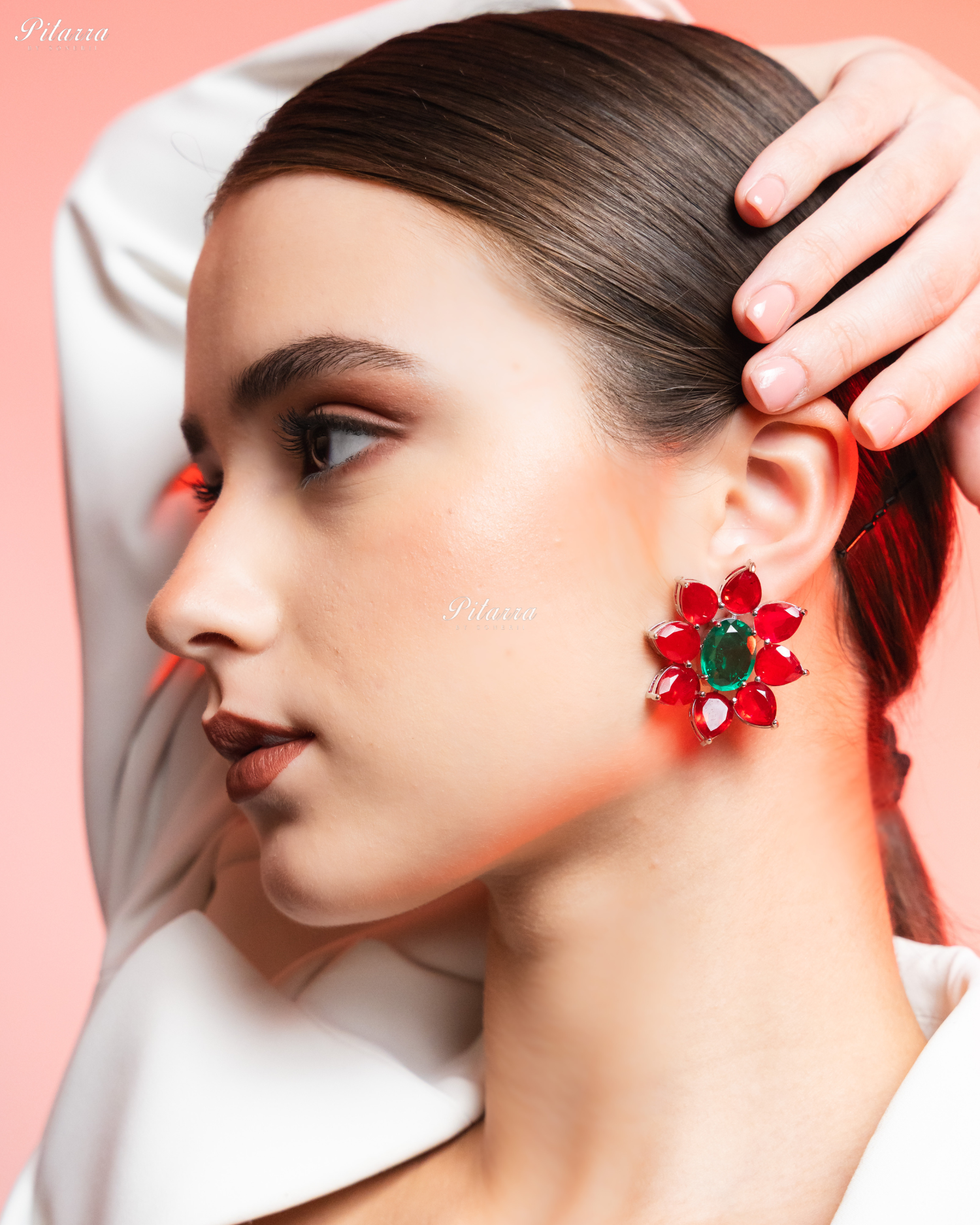Emerald Floral Red Petals CZ Doublet Stud Earrings