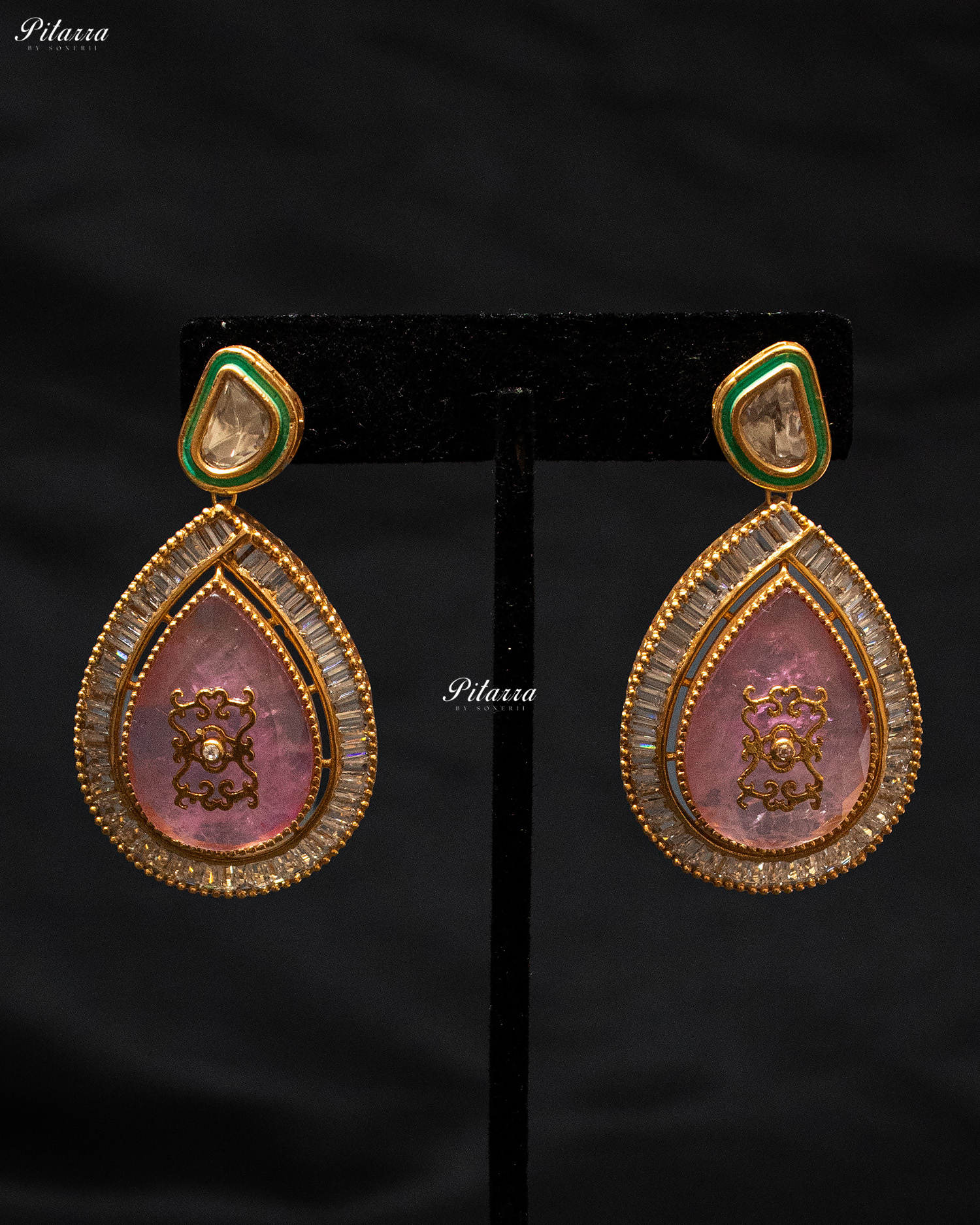 Big Pink Teardrop Gold Plated Kundan Necklace Set