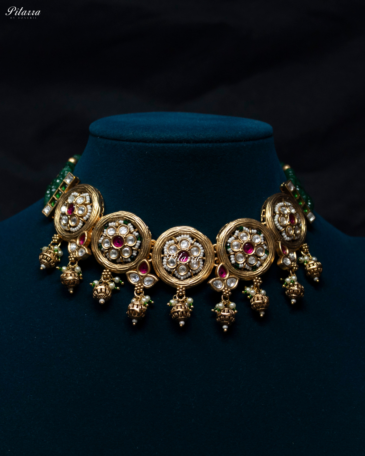 Floral Pink Stone Green Pearl Kundan Choker Set