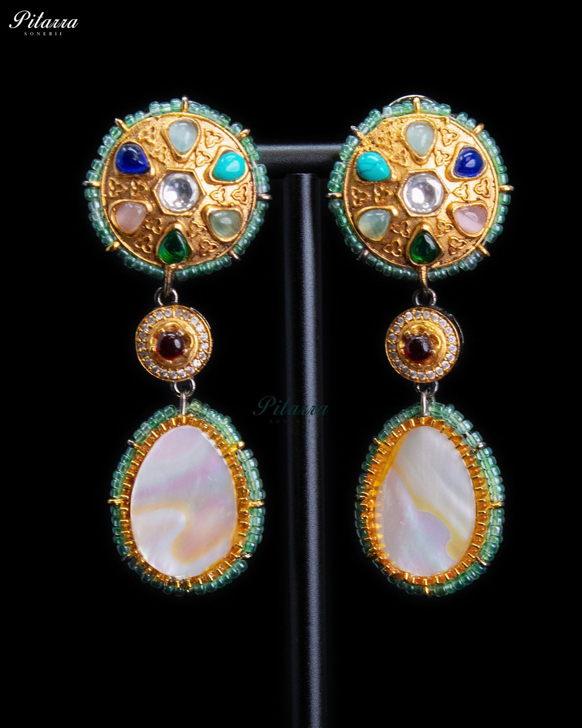 Royal Navratna Inspired Multicolor Kundan Gold Tone Dangler Earrings - Mint Green