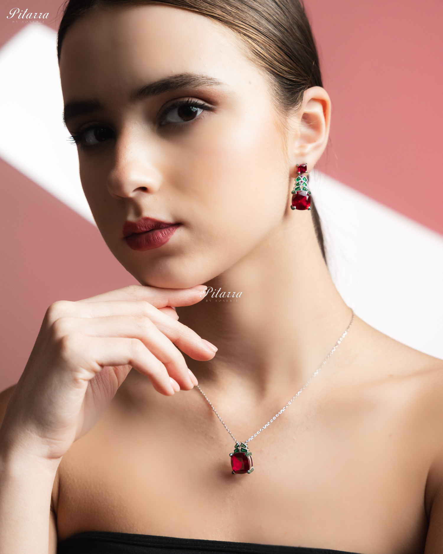 Ruby Red 92.5 Silver Plated Chain Pendent Necklace Set