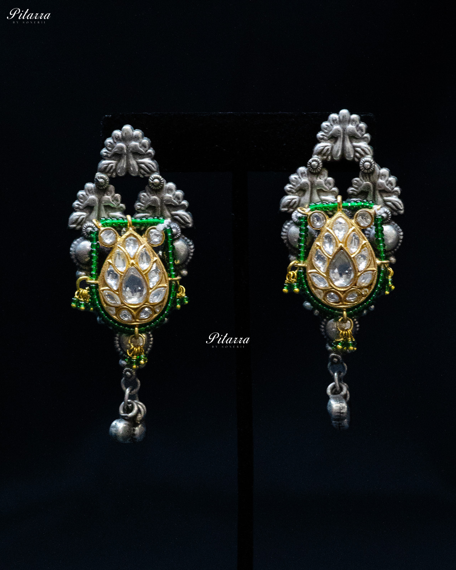 Golden Flora Green Moon Ghunghroo Silver Look Alike Choker Set