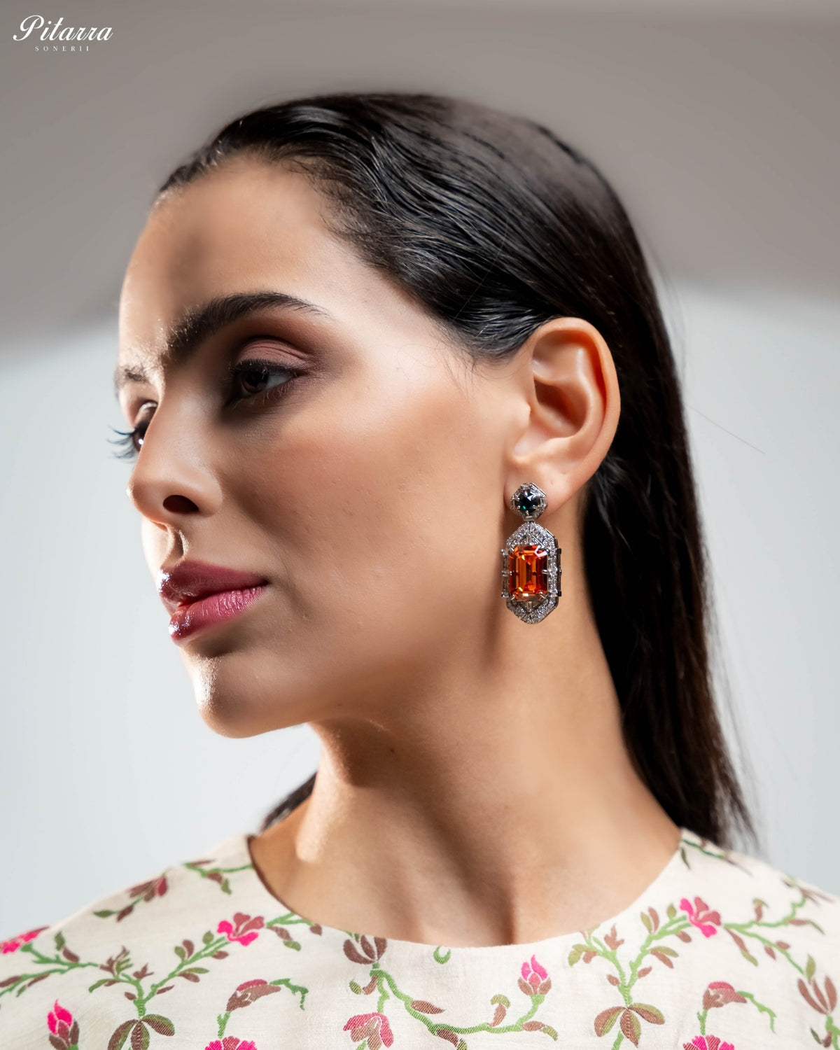 Orange Emerald Cut Diamond Halo Statement Drop Earrings