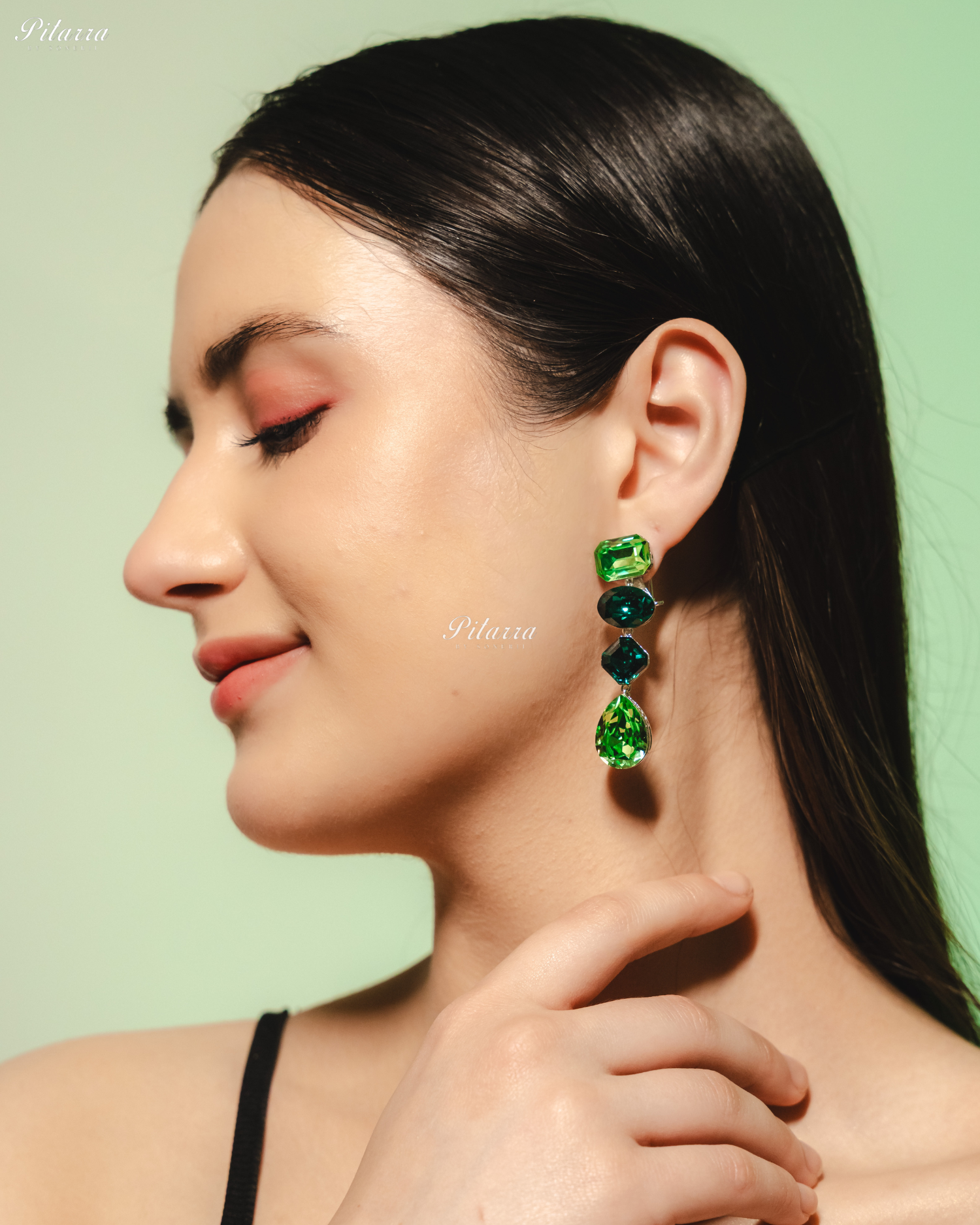 Green Emerald Stone Studded Geometric Crystal Drop Earrings