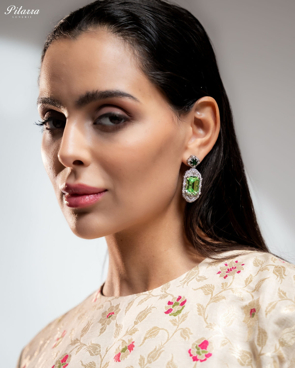 Green Tourmaline Emerald Cut Diamond Halo Drop Earrings