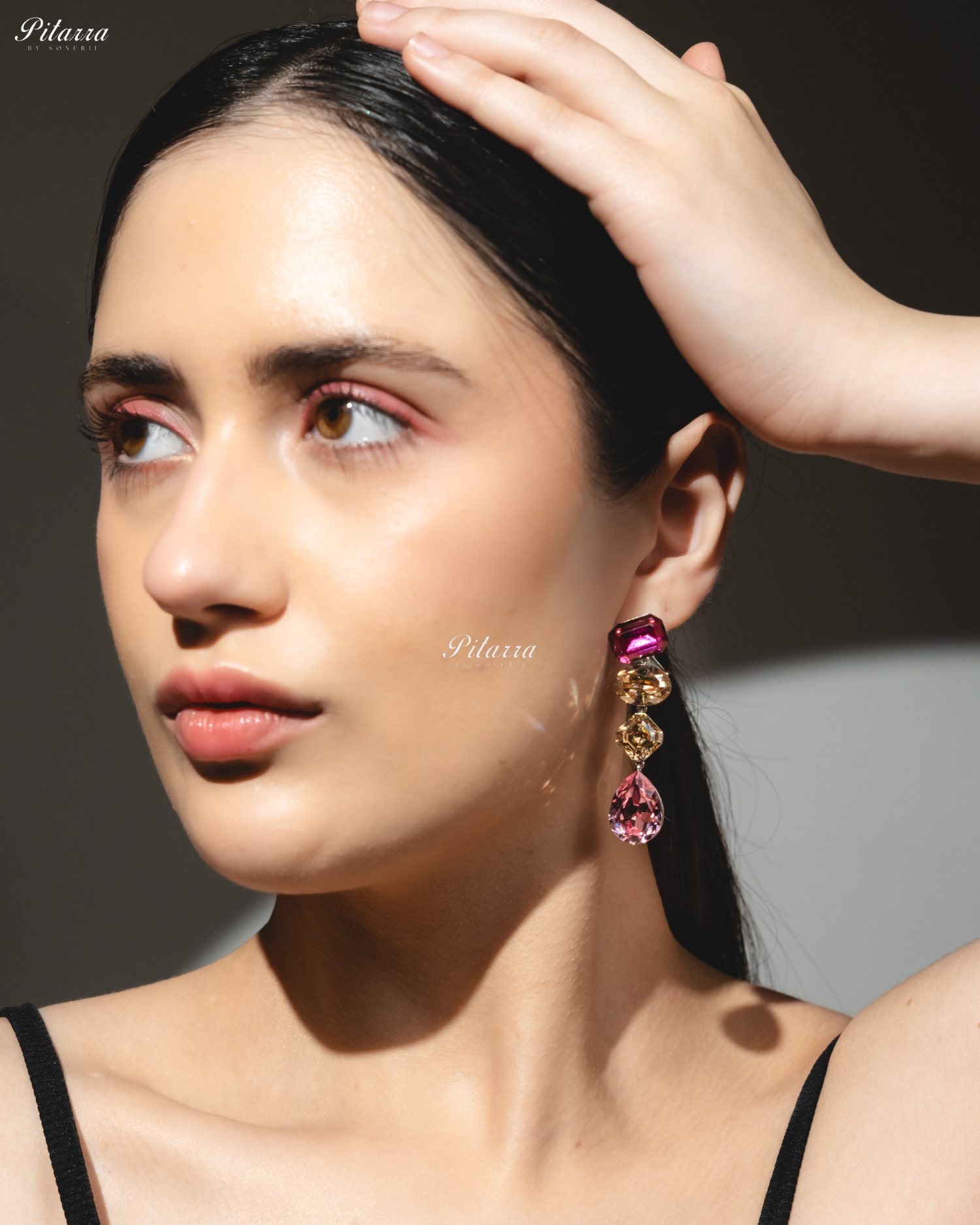 Pink Yellow Stone Studded Geometric Crystal Drop Earrings