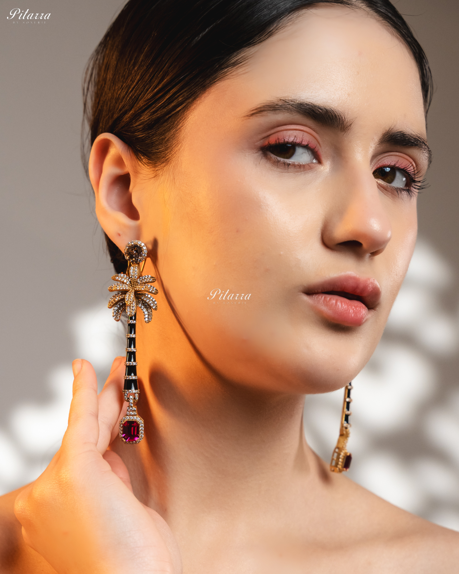 Golden and Pink Stone Palm Tree Crystal Earrings
